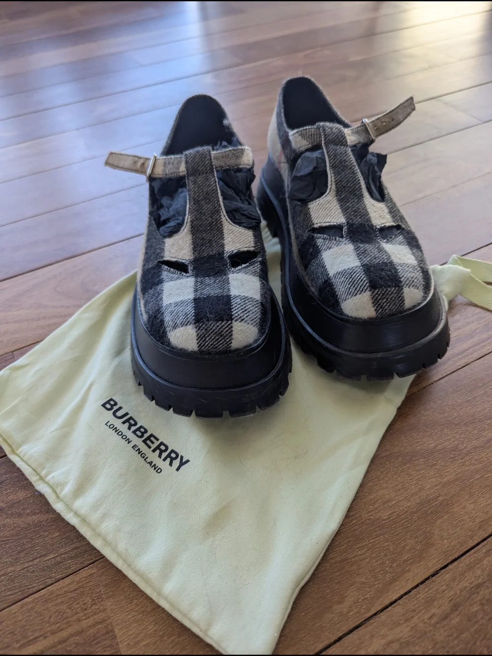 Authentic - Burberry Black & White Check Mary Jane Lug Sole Loafers - Picture 1 of 5